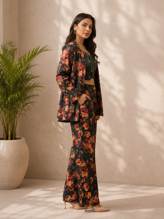 Dark floral  printed 3-piece indo-western set-blazer,crop top and pants