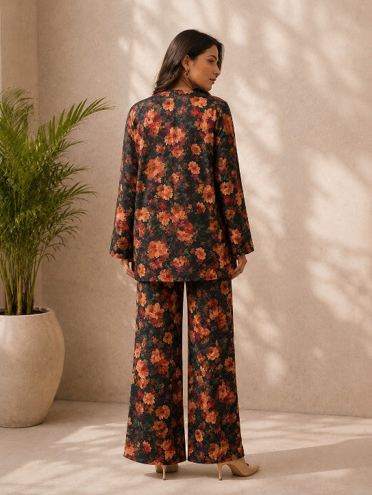 Dark floral  printed 3-piece indo-western set-blazer,crop top and pants