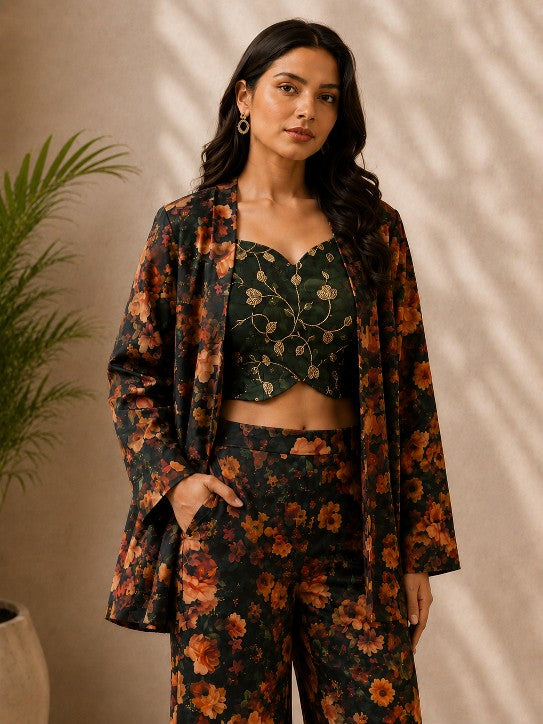 Dark floral  printed 3-piece indo-western set-blazer,crop top and pants