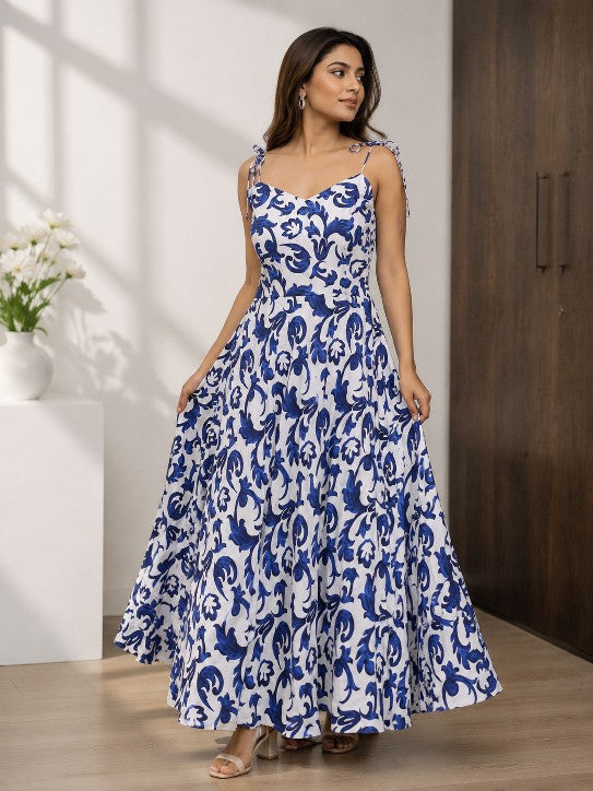 white and cobalt blue floral print tie shoulder maxi dress
