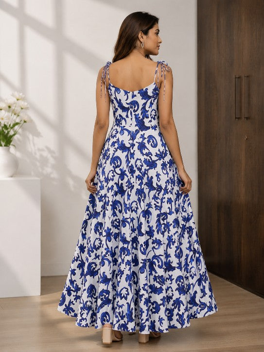 white and cobalt blue floral print tie shoulder maxi dress