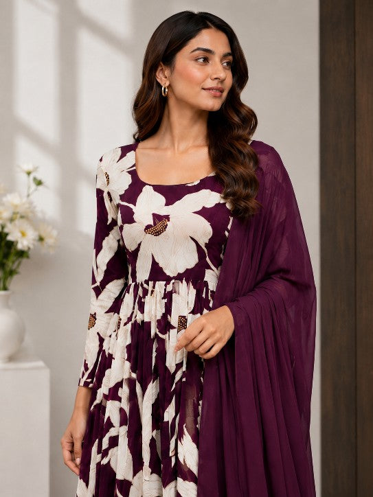 plum purple large floral print anarkali suit with dupatta