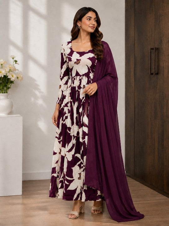 plum purple large floral print anarkali suit with dupatta