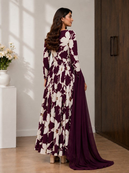plum purple large floral print anarkali suit with dupatta
