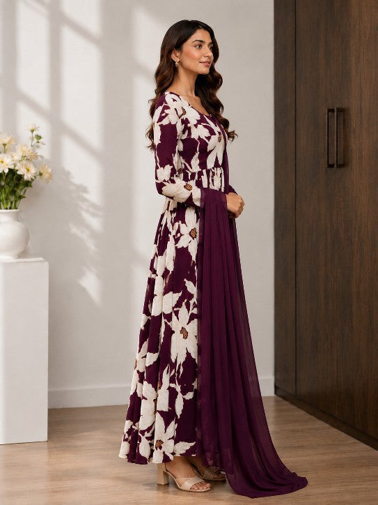 plum purple large floral print anarkali suit with dupatta