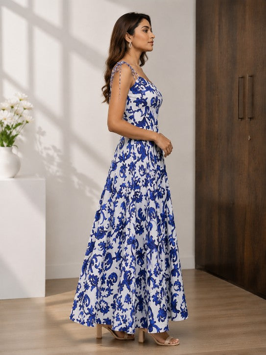 white and cobalt blue floral print tie shoulder maxi dress