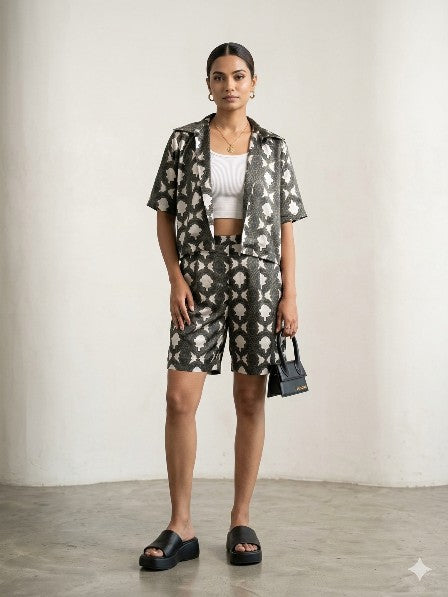 Grey-green geometric printed cropped shirt and bermuda shorts Co-ord set