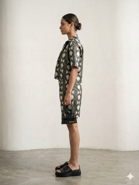 Grey-green geometric printed cropped shirt and bermuda shorts Co-ord set