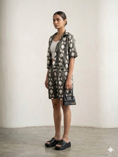 Grey-green geometric printed cropped shirt and bermuda shorts Co-ord set