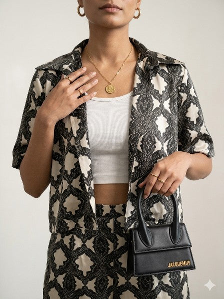 Grey-green geometric printed cropped shirt and bermuda shorts Co-ord set
