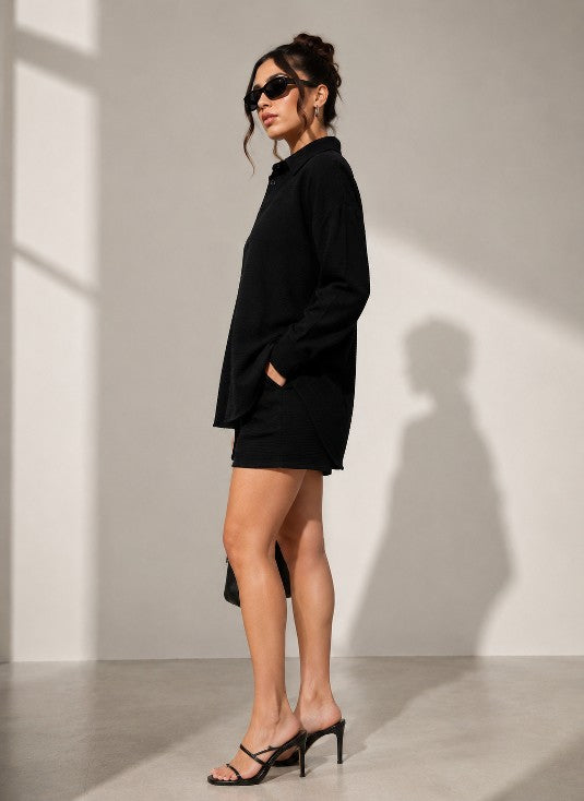 black oversized shirt & shorts co-ord set