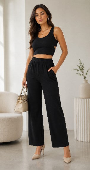 Black cutout crop top & wide leg pants co-ord set