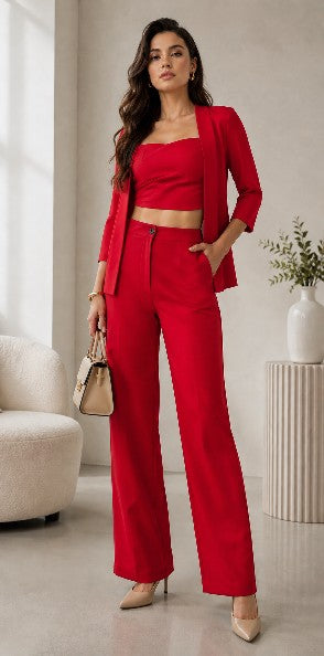 Bold red 3-piece co-ord set-crop top,blazer & wide leg pants