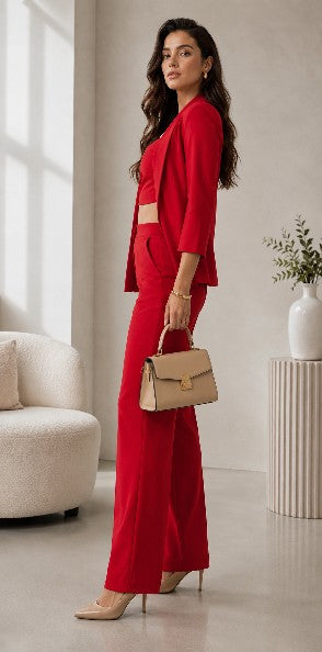 Bold red 3-piece co-ord set-crop top,blazer & wide leg pants
