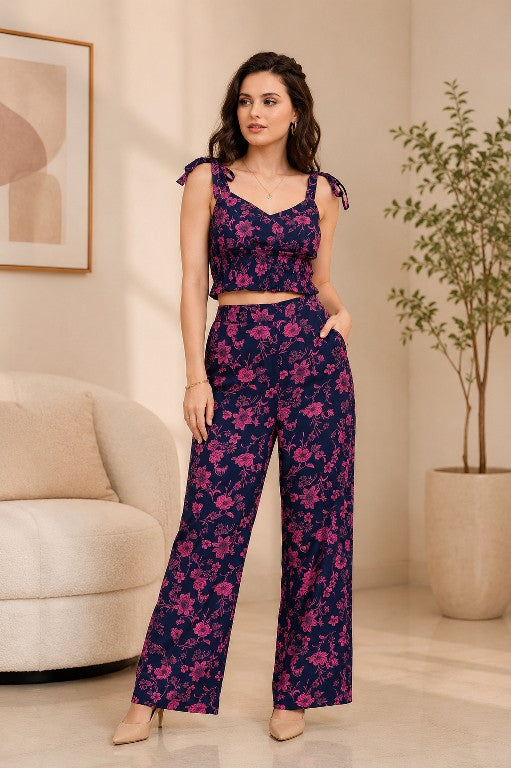 Navy floral tie-strap crop top & wide leg pants co-ord set