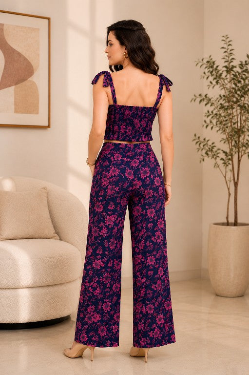 Navy floral tie-strap crop top & wide leg pants co-ord set