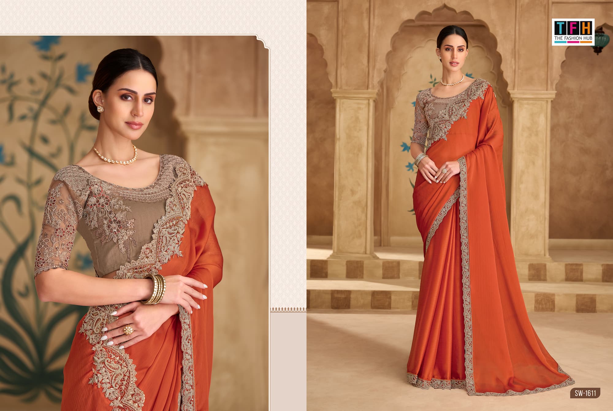 Orange Silk Georgette Saree