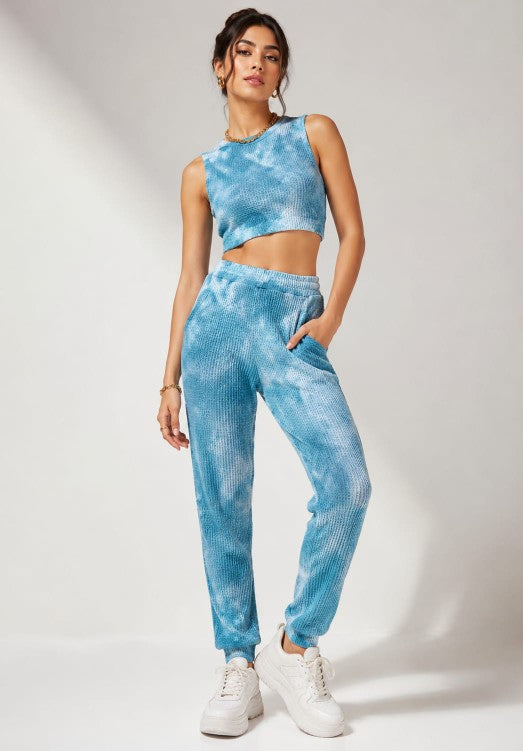 YJFASHION Blue Tie Dye Ribbed Crop Top & Jogger Co-ord Set