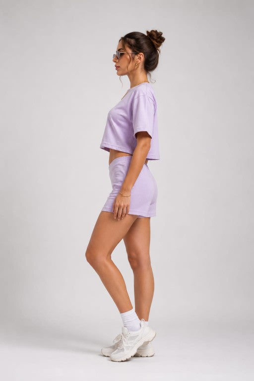 YJFASHION lavender crop t-shirt & v-waist shorts co-ord set