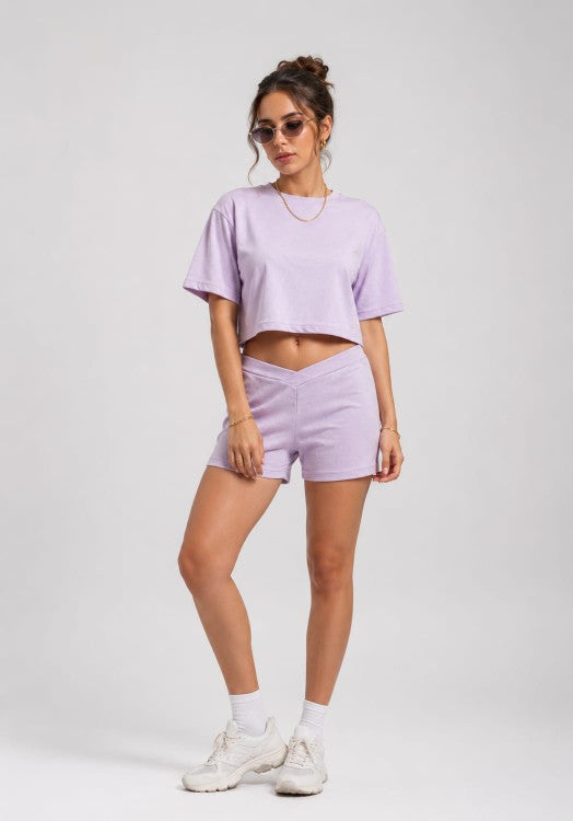 YJFASHION lavender crop t-shirt & v-waist shorts co-ord set