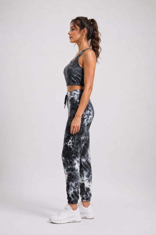 YJFASHION charcoal grey tie-dye crop top and jogger co-ord set