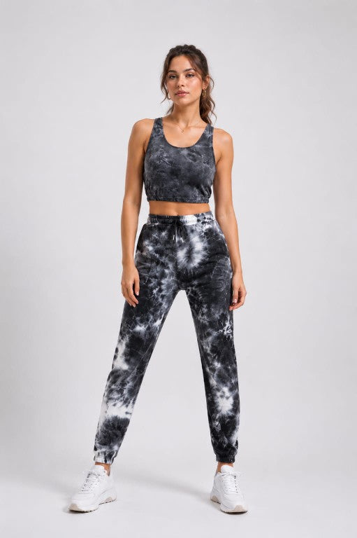 YJFASHION charcoal grey tie-dye crop top and jogger co-ord set