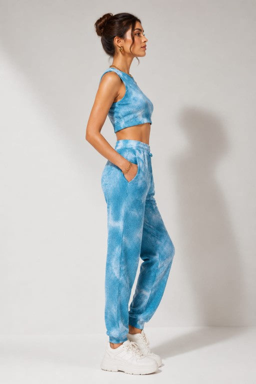 YJFASHION Blue Tie Dye Ribbed Crop Top & Jogger Co-ord Set