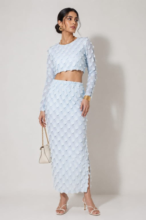 YJ FASHION light blue 3d petal crop top and slit skirt co-ord set