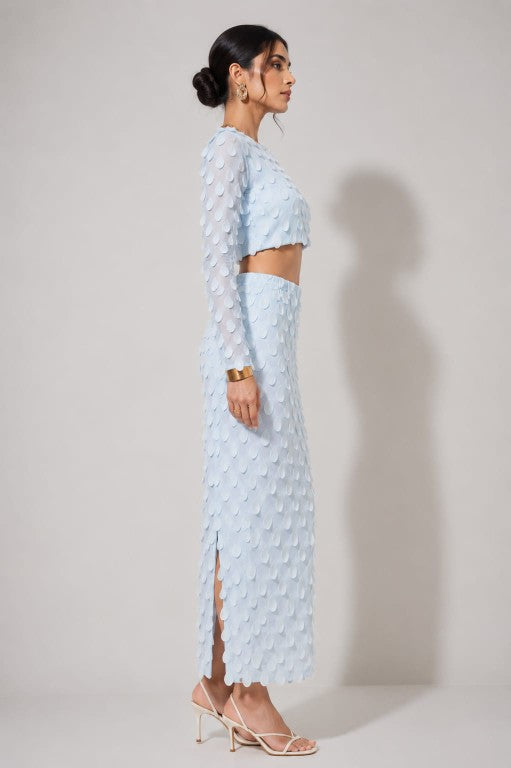 YJ FASHION light blue 3d petal crop top and slit skirt co-ord set