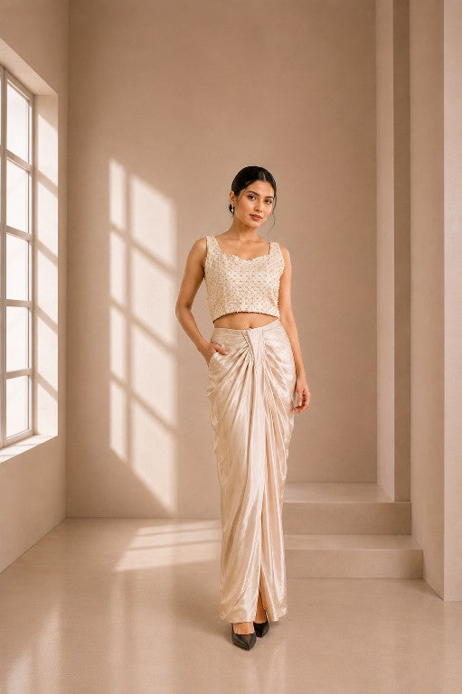 Ivory pearl embellished crop top with draped satin pants set