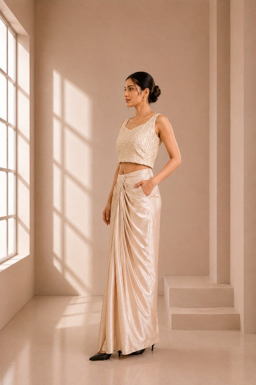Ivory pearl embellished crop top with draped satin pants set