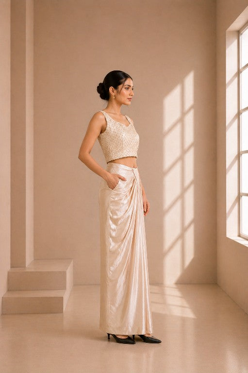 Ivory pearl embellished crop top with draped satin pants set