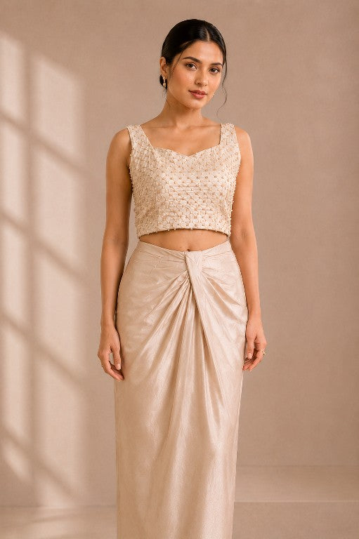 Ivory pearl embellished crop top with draped satin pants set