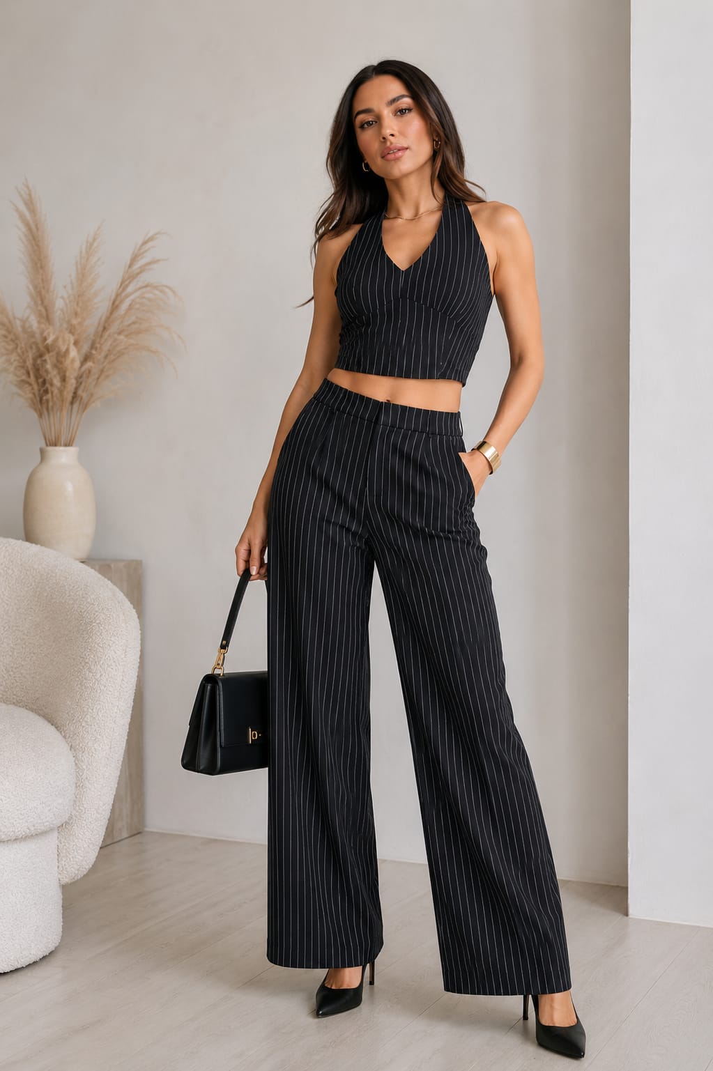 Black Pinstripe Crop top & Flared Trosers Co-ord Set