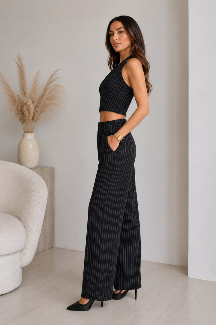 Black Pinstripe Crop top & Flared Trosers Co-ord Set