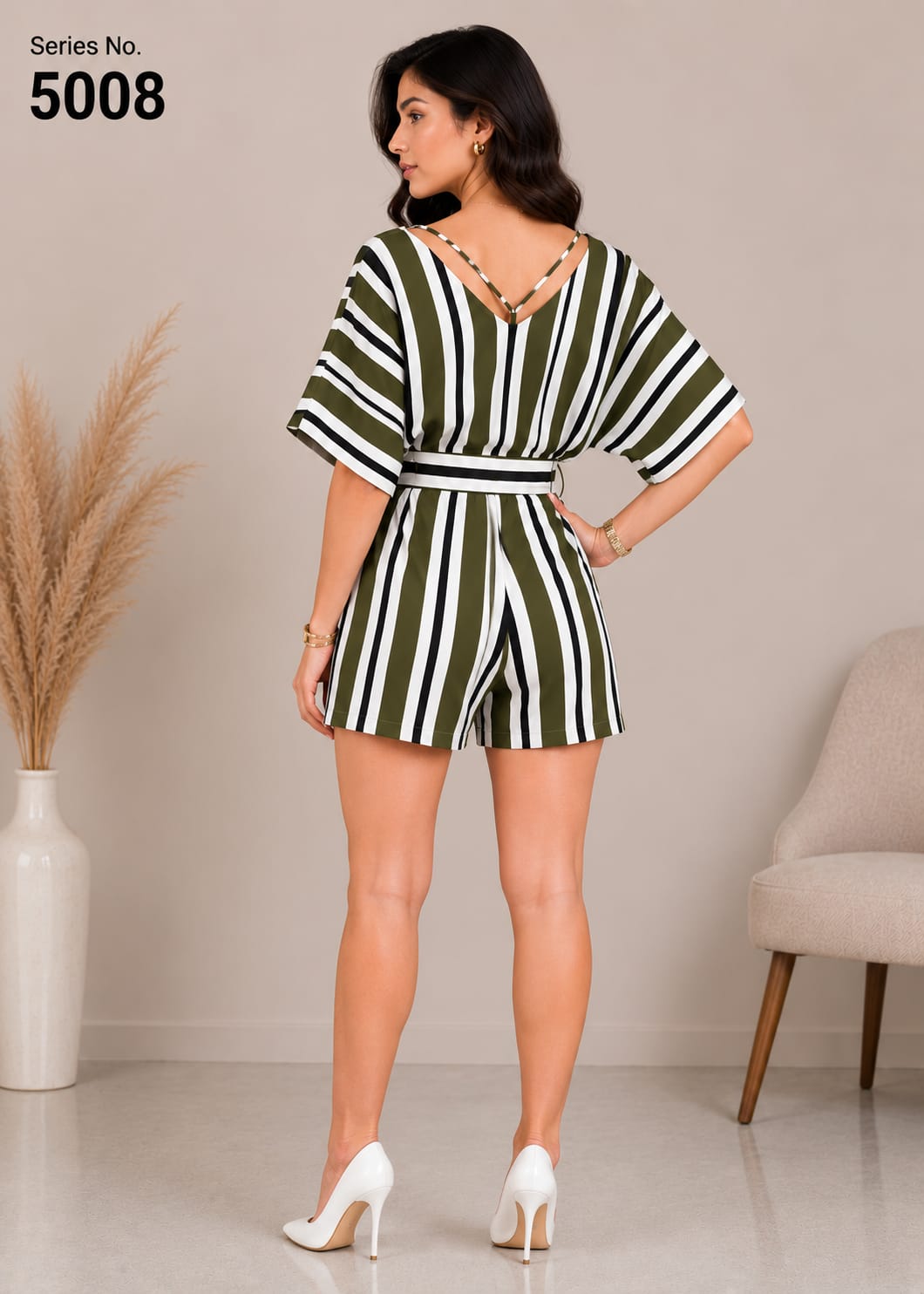 YJ FASHION Olive Striped Cutout Waist Belted Romper Series 5008