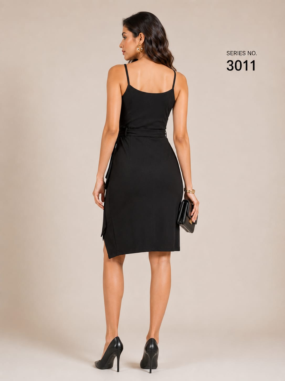 Product Title: Black Spaghetti Strap Midi Dress with Tie Waist - Series 3011