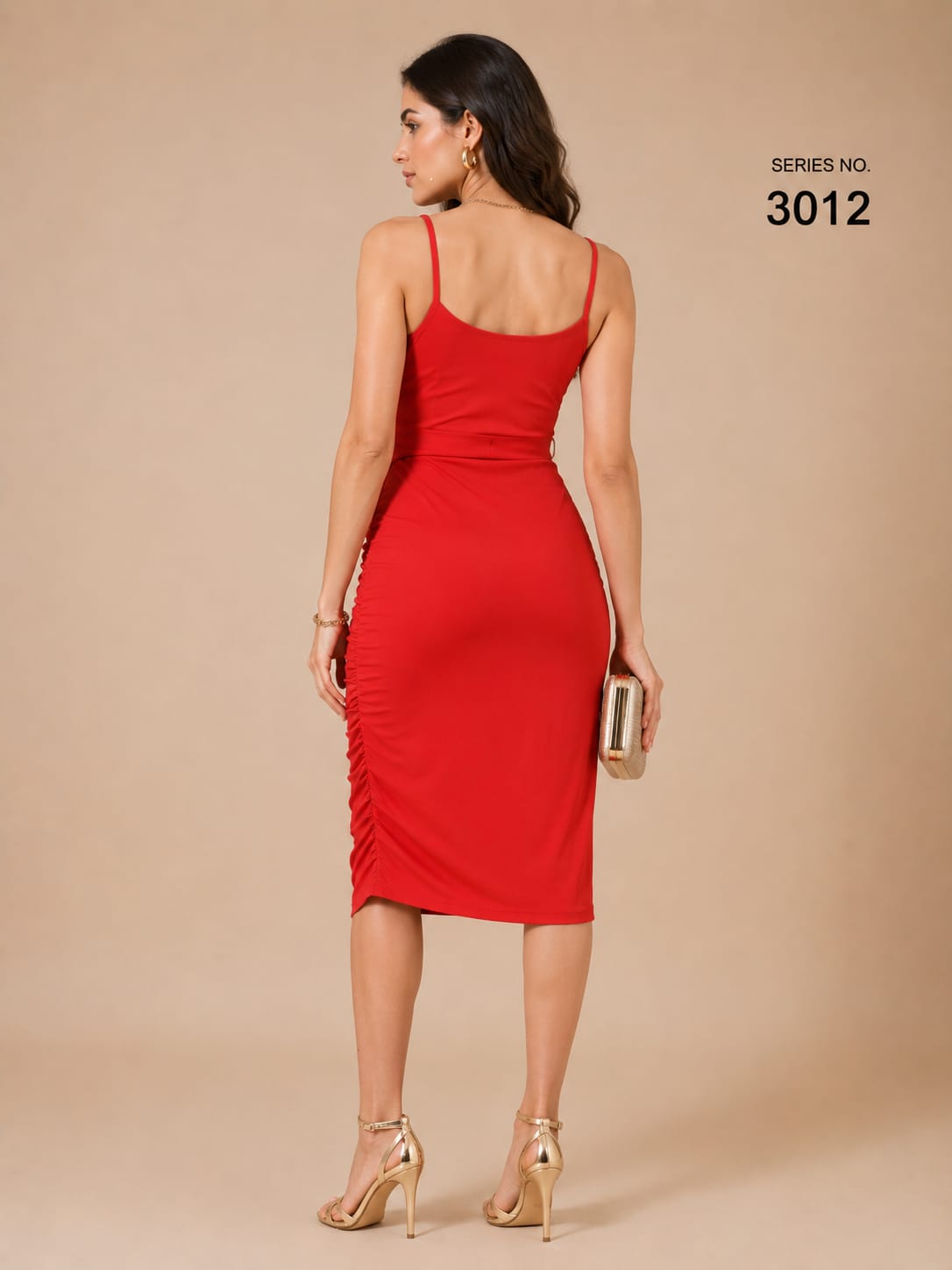 Product Title: Red Twist Knot Cutout Ruched Midi Dress - Series 3012