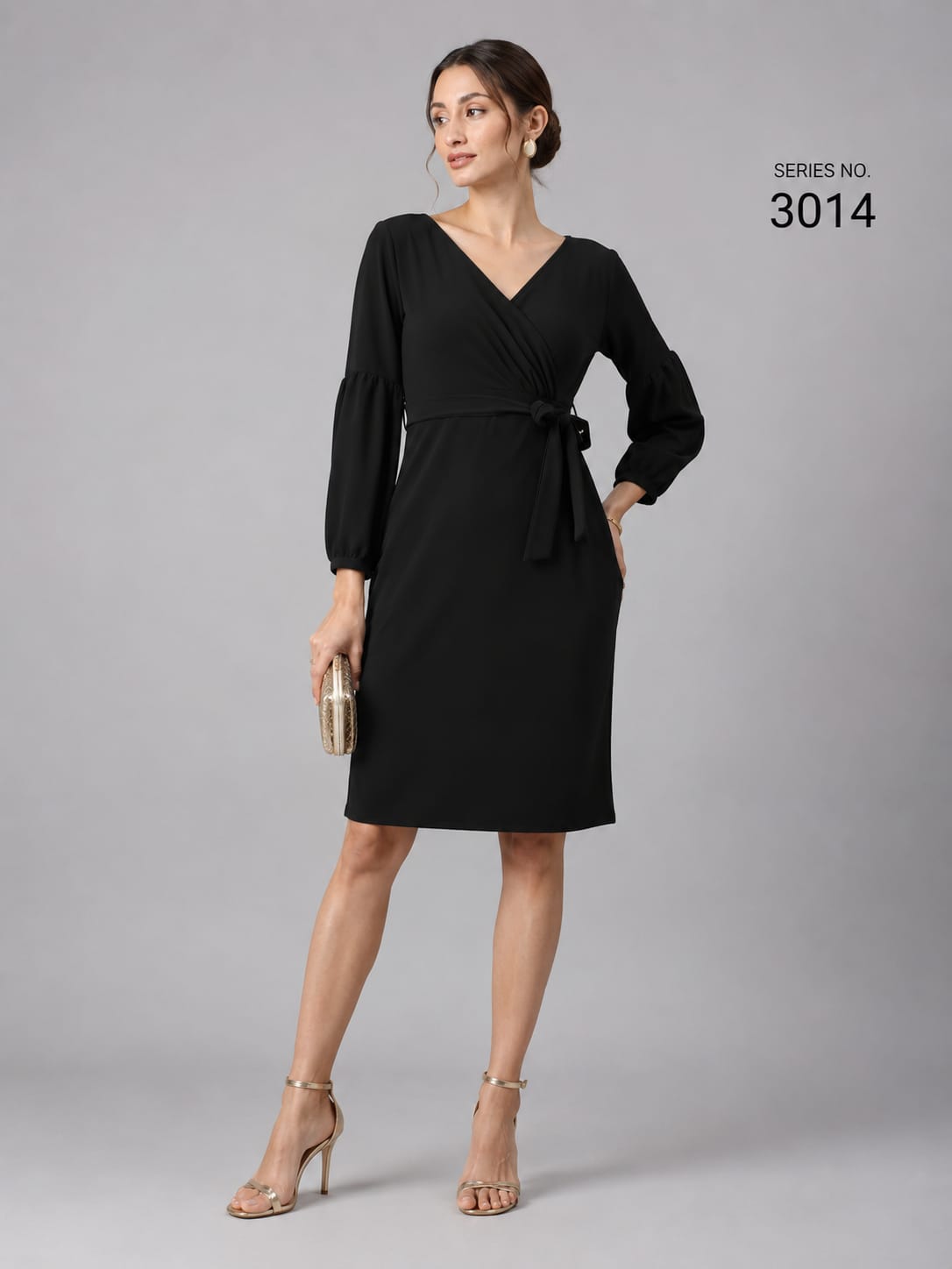 Product Title: Black Wrap Tie Waist Midi Dress with Puff Sleeves - Series 3014