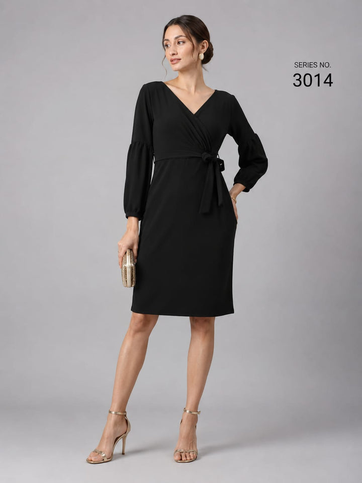 Product Title: Black Wrap Tie Waist Midi Dress with Puff Sleeves - Series 3014