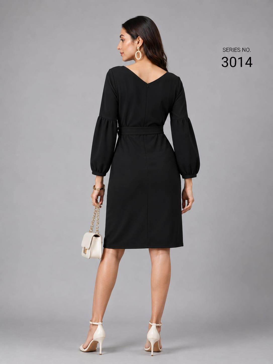 Product Title: Black Wrap Tie Waist Midi Dress with Puff Sleeves - Series 3014