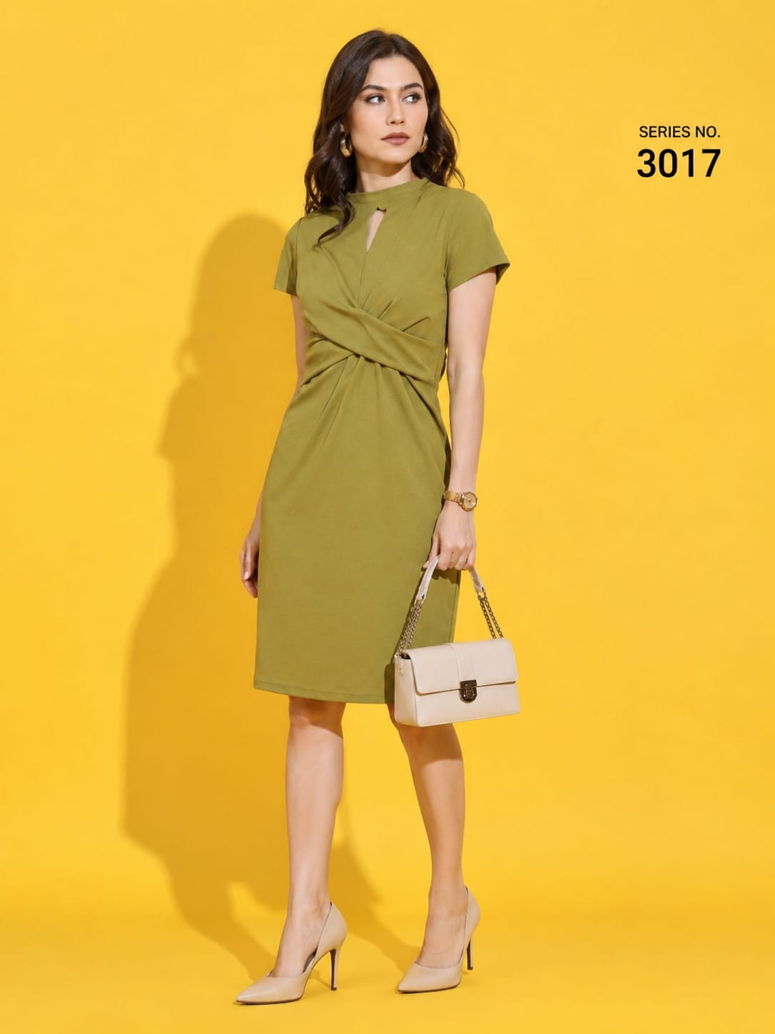 Product Title: Olive Green Twist Front Keyhole Midi Dress - Series 3017