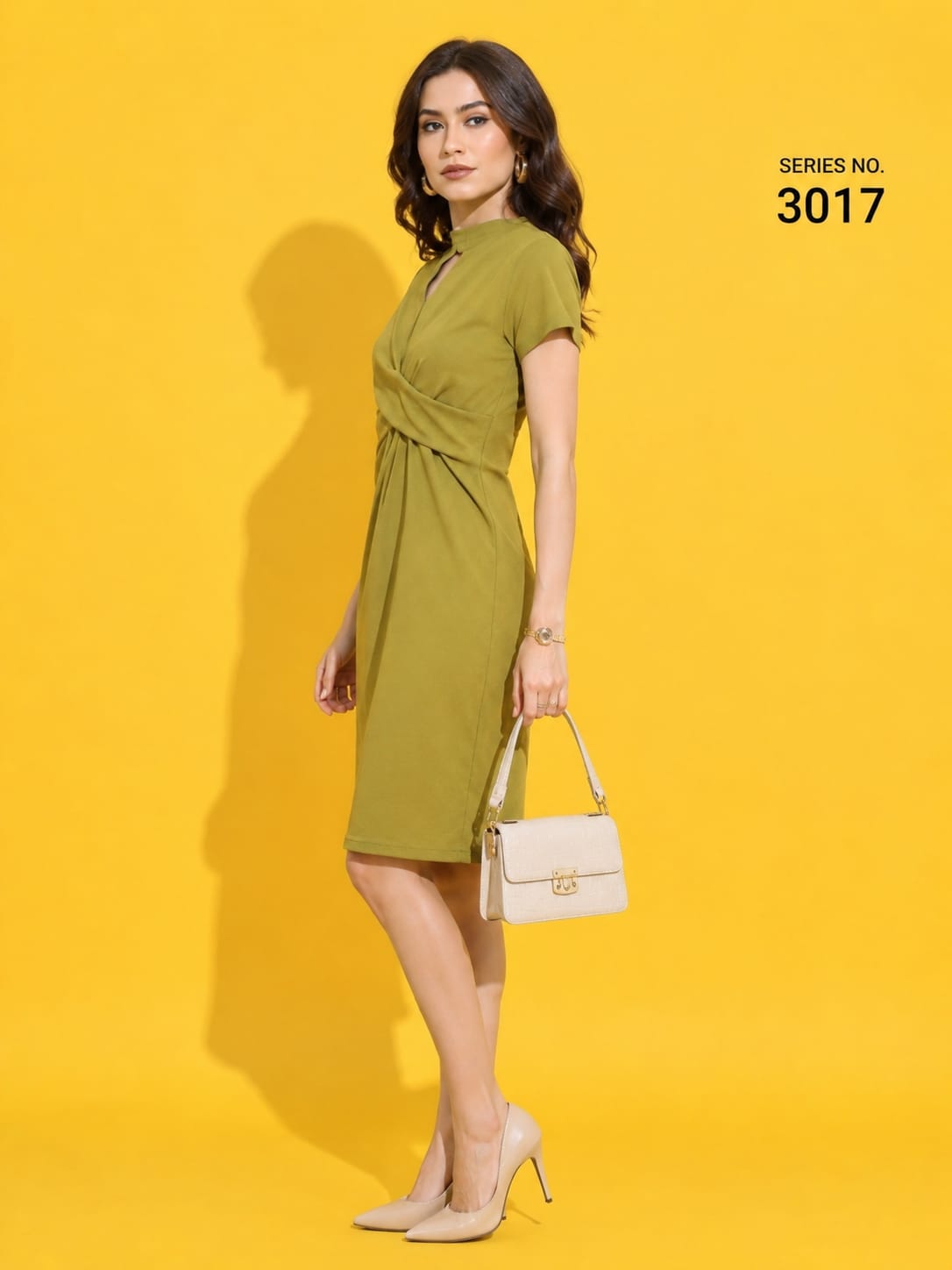 Product Title: Olive Green Twist Front Keyhole Midi Dress - Series 3017