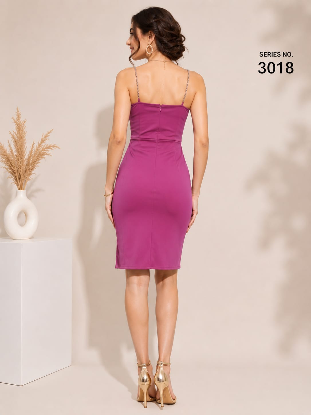 Product Title: Magenta Chain Strap Bodycon Midi Dress with Slit - Series 3018