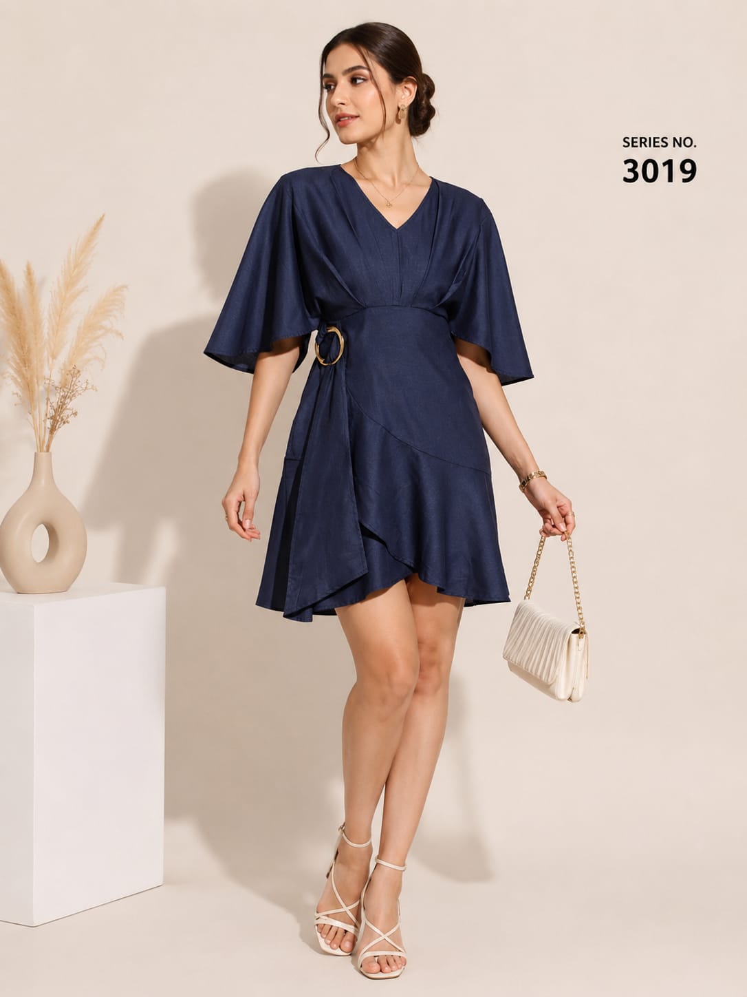 Product Title: Navy Blue Wrap Mini Dress with Ring Detail & Flared Sleeves - Series 3019