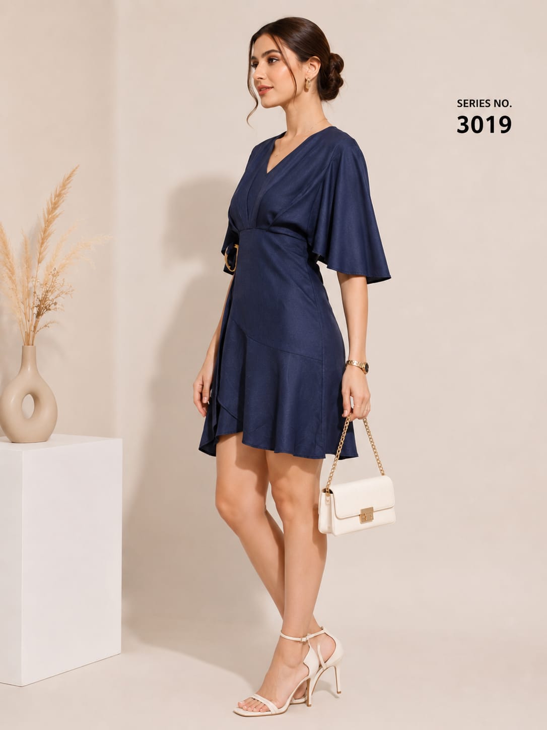 Product Title: Navy Blue Wrap Mini Dress with Ring Detail & Flared Sleeves - Series 3019