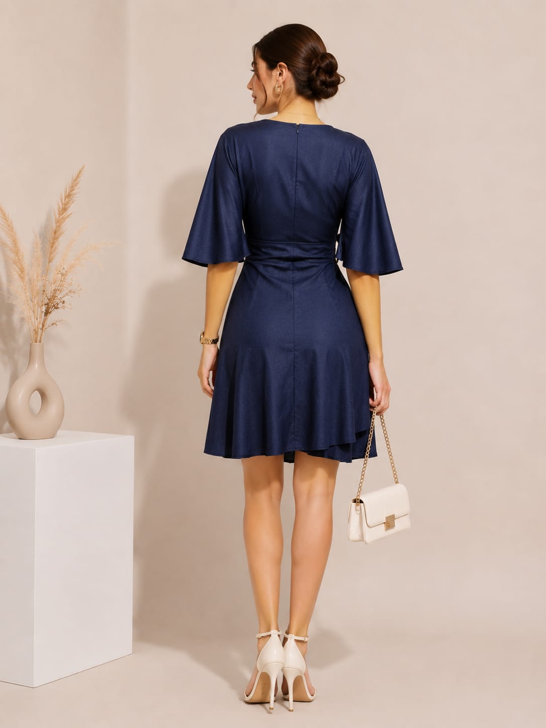 Product Title: Navy Blue Wrap Mini Dress with Ring Detail & Flared Sleeves - Series 3019