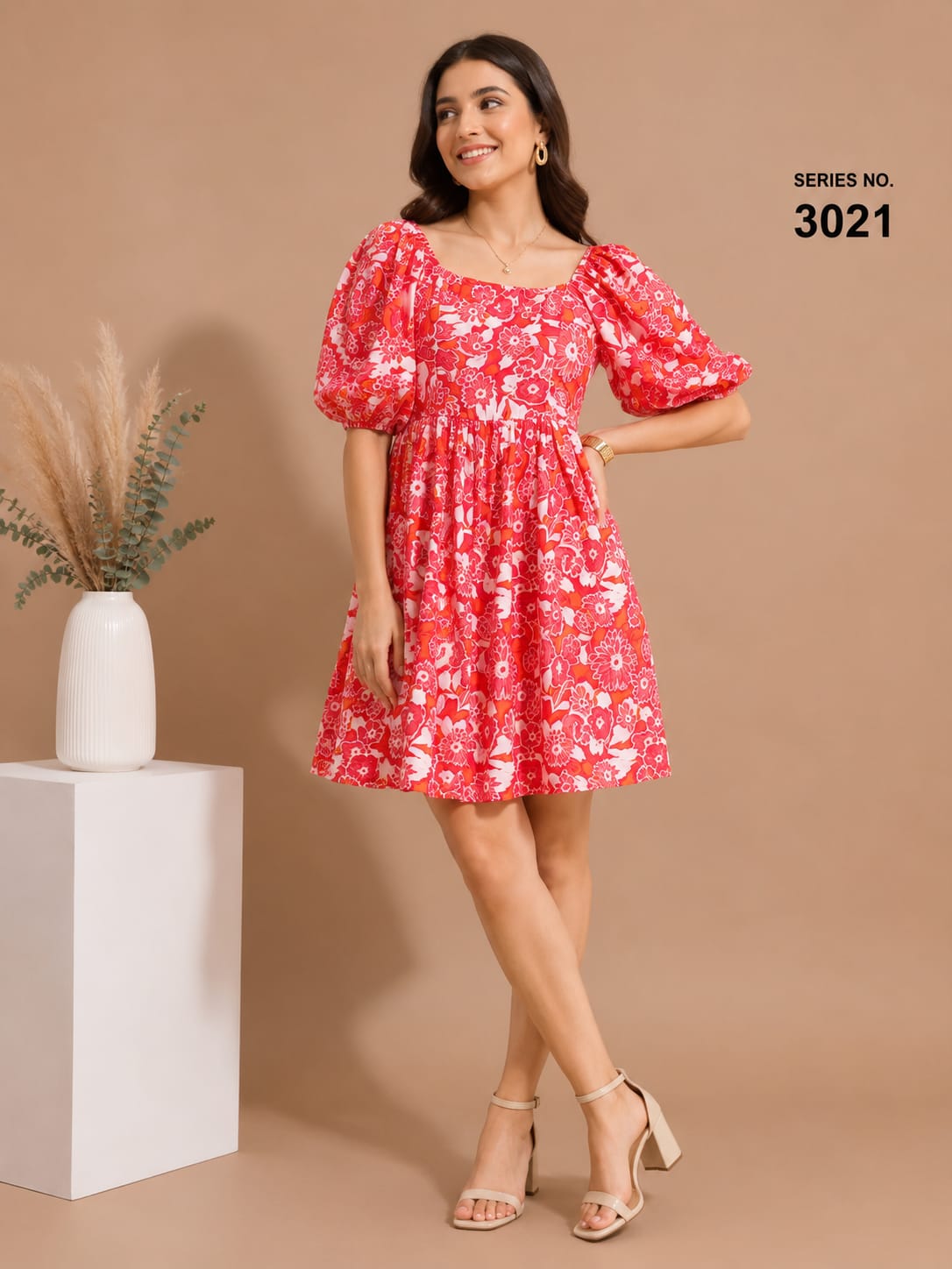 Product Title: Red Floral Puff Sleeve Square Neck Mini Dress - Series 3021
