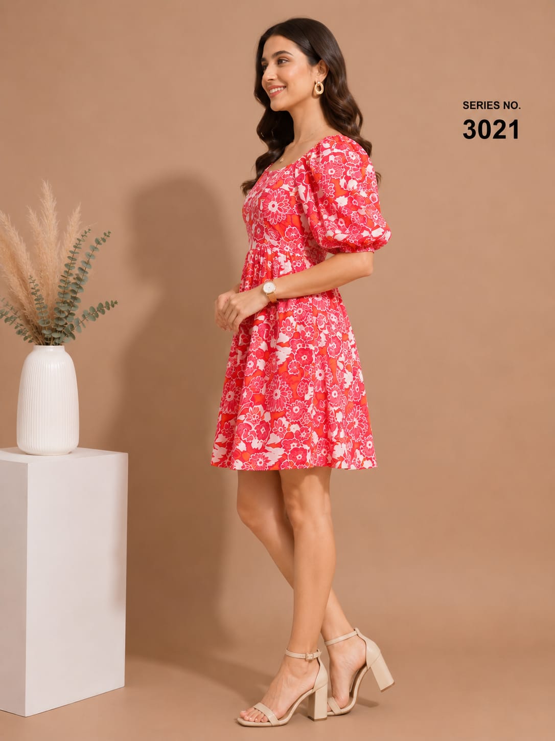 Product Title: Red Floral Puff Sleeve Square Neck Mini Dress - Series 3021