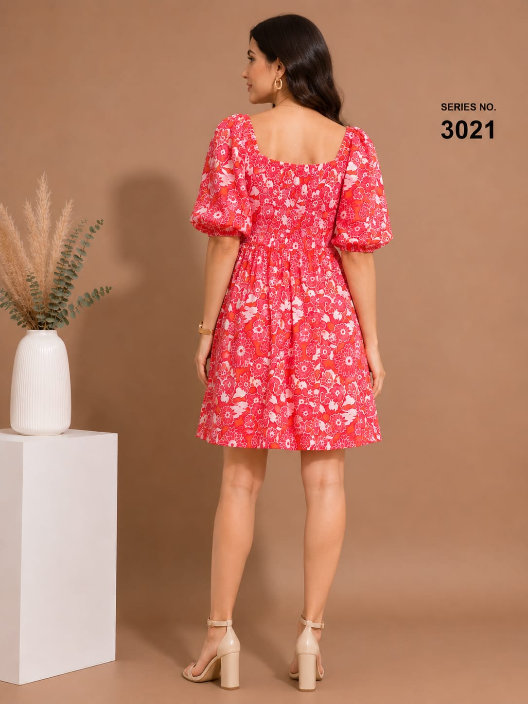Product Title: Red Floral Puff Sleeve Square Neck Mini Dress - Series 3021